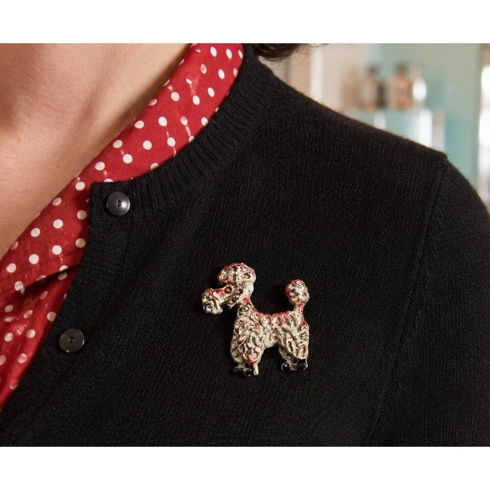 Vintage 1950s Poodle Dog Brooch Rhinestone Enamel Figural Pin Rockabilly MCM